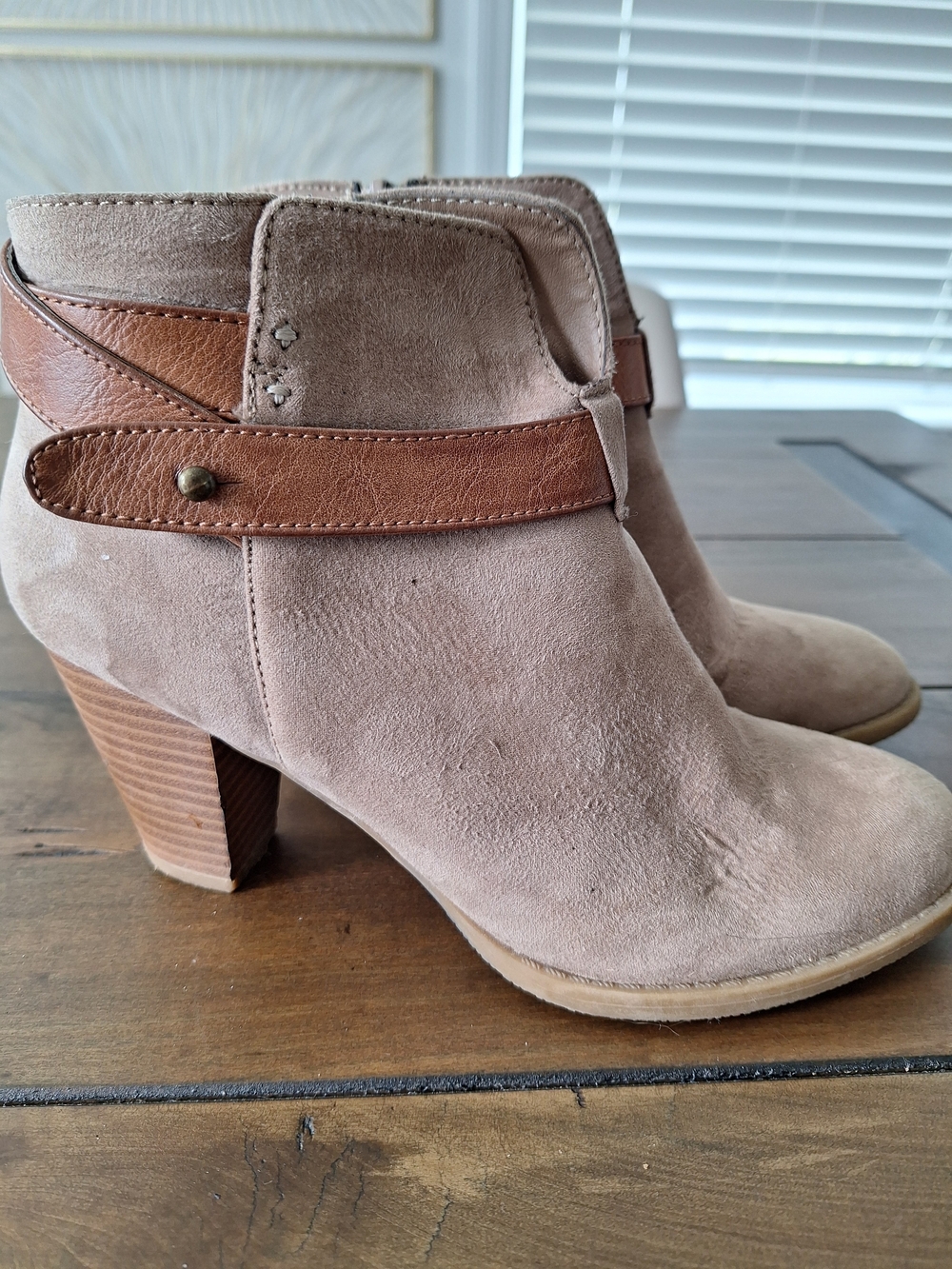 Nicole Taupe Suede Ankle Booties with Brown Strap - Picture 2 of 7